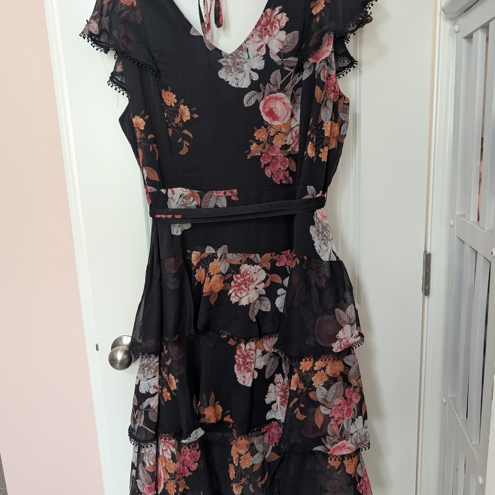 City Chic Black Floral Tiered Midi Dress with Pink and Orange Blooms